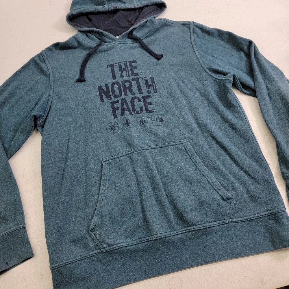 The North Face Distressed Pullover Hoodie Sweatshirt Camp‎ Mens Sz L Faded Blue